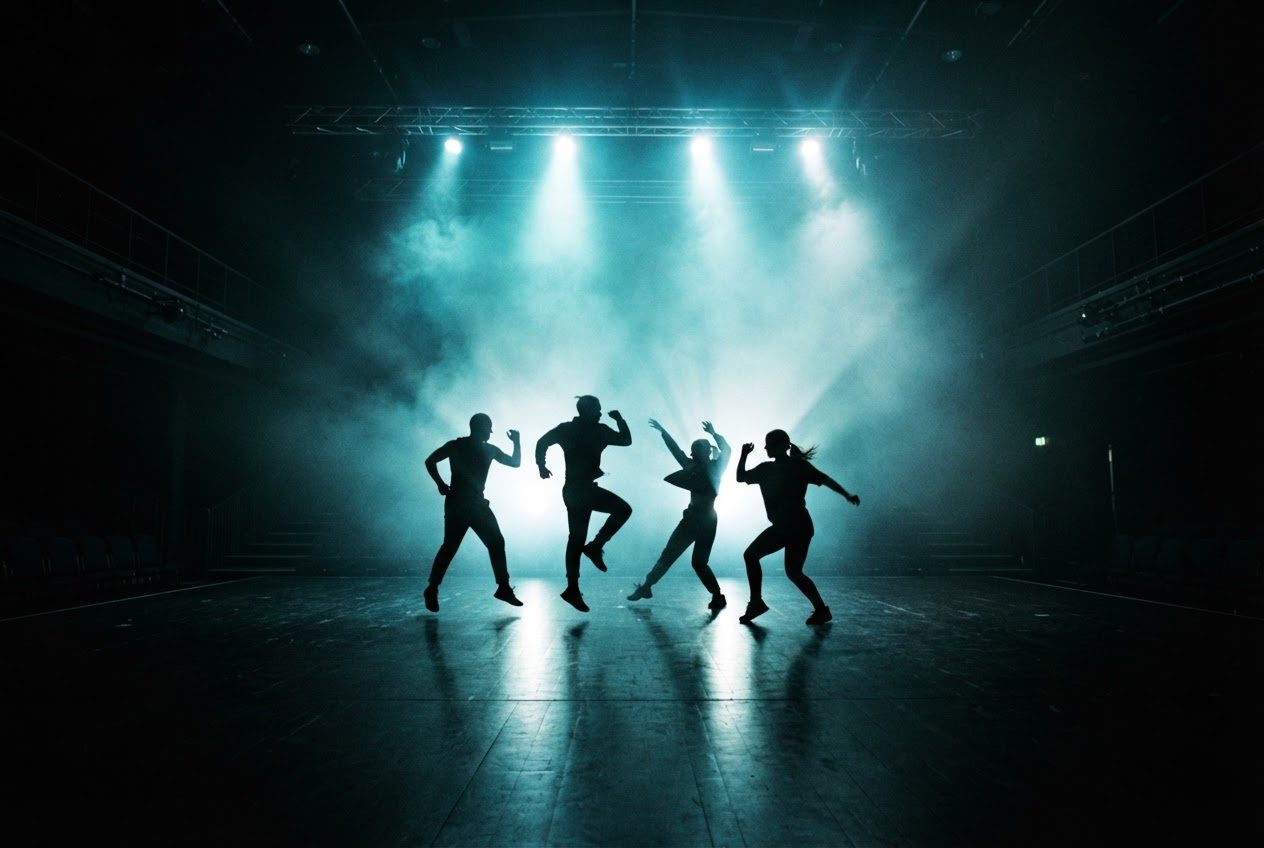 A crowd in front of a lit stage